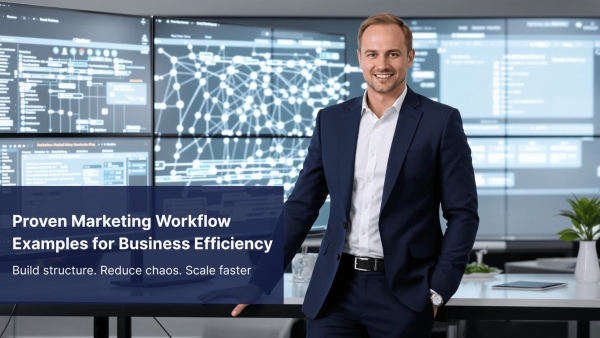 Illustrated marketing workflow system showing connected channels for business efficiency