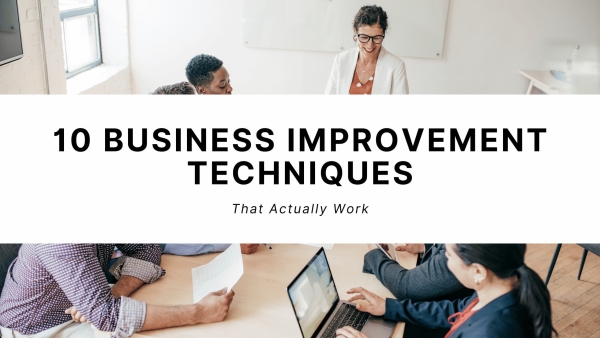 Team meeting with text 10 business improvement techniques